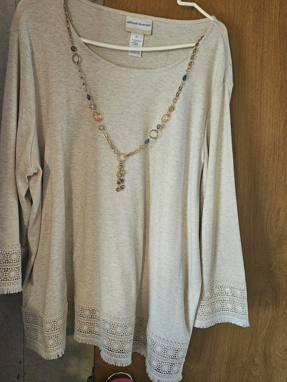 Alfred Dunner Light Cream Crochet-Hem Long Sleeve Tunic